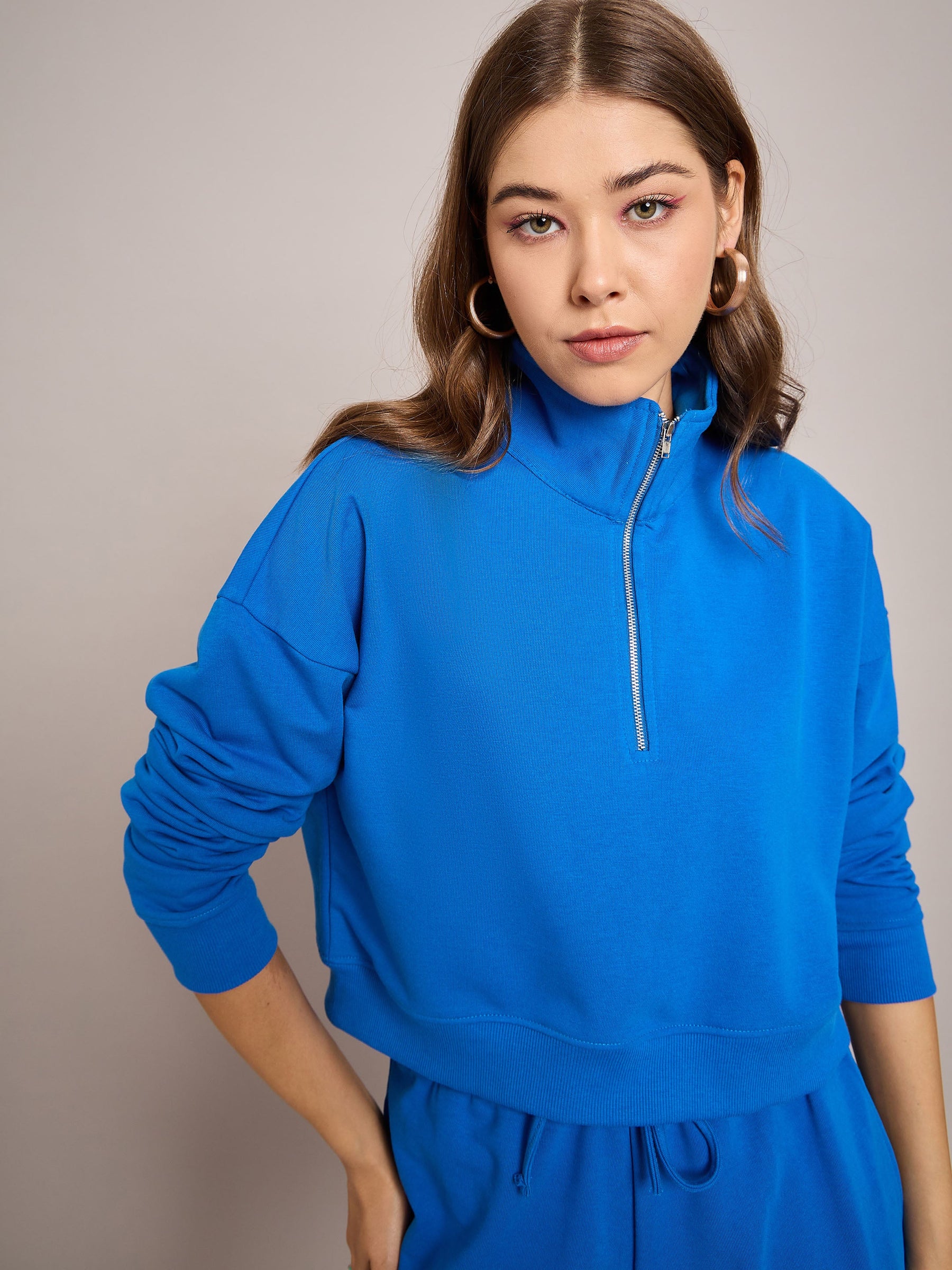 Royal Blue Terry Oversized Zipper Sweatshirt With Baggy Joggers-SASSAFRAS BASICS