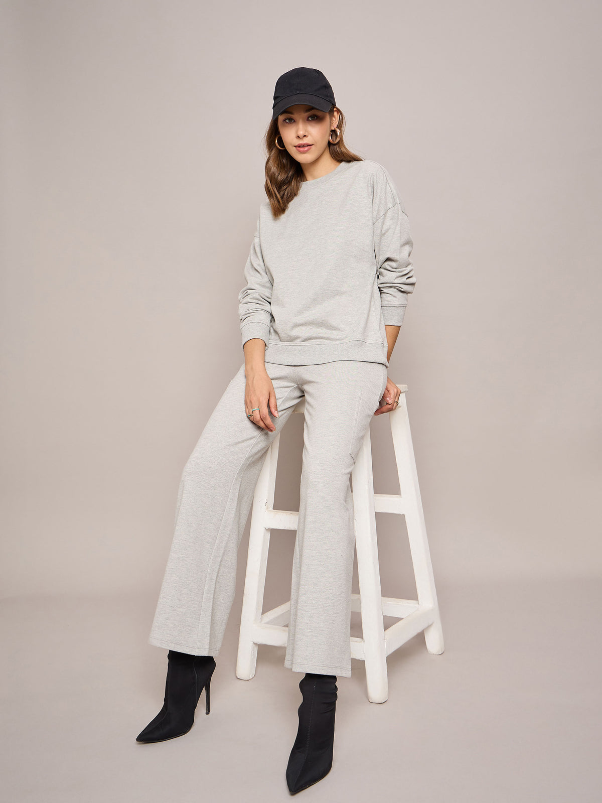 Women Grey Melange Terry Oversized Sweatshirt With Wide Leg Track Pants