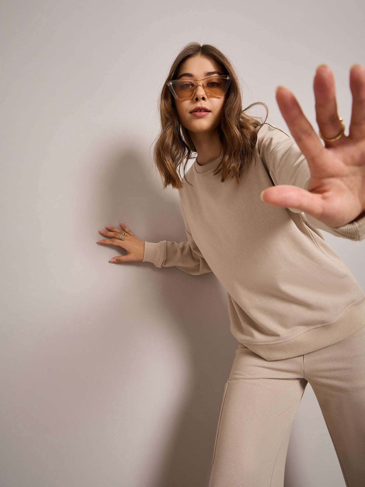 Taupe Terry Oversized Sweatshirt With Wide Leg Track Pants-SASSAFRAS BASICS