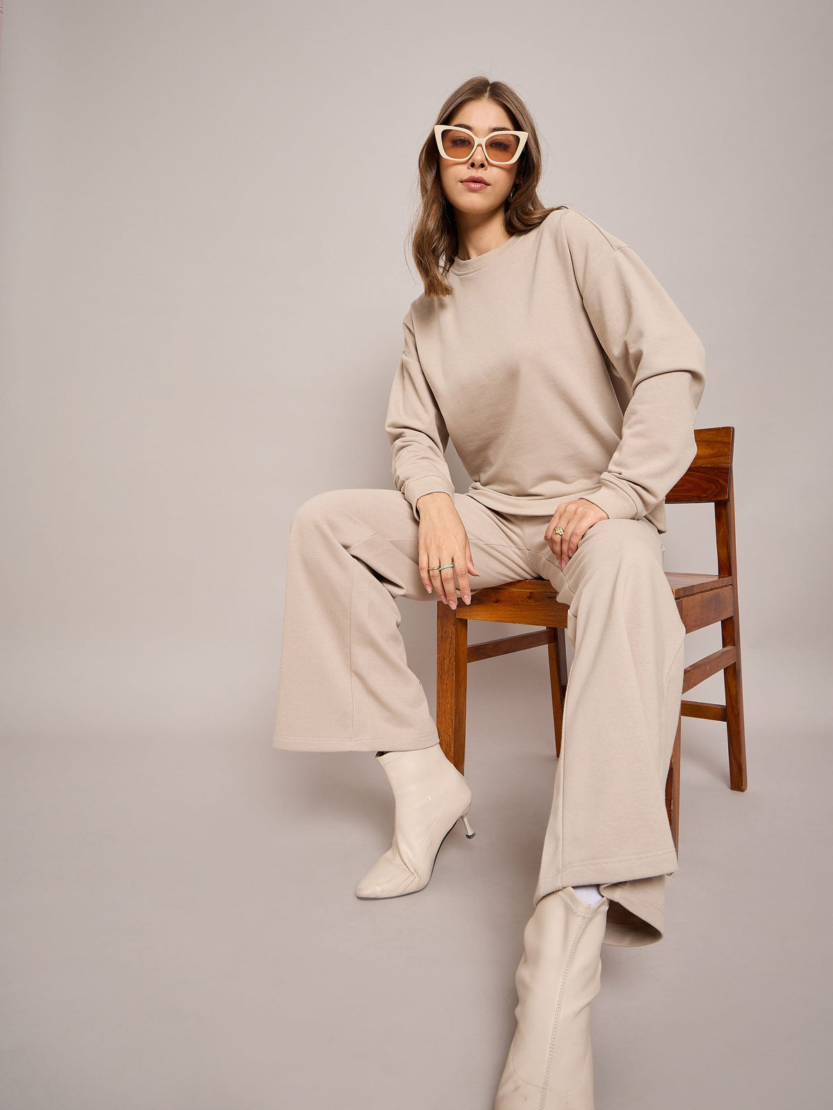 Taupe Terry Oversized Sweatshirt With Wide Leg Track Pants-SASSAFRAS BASICS