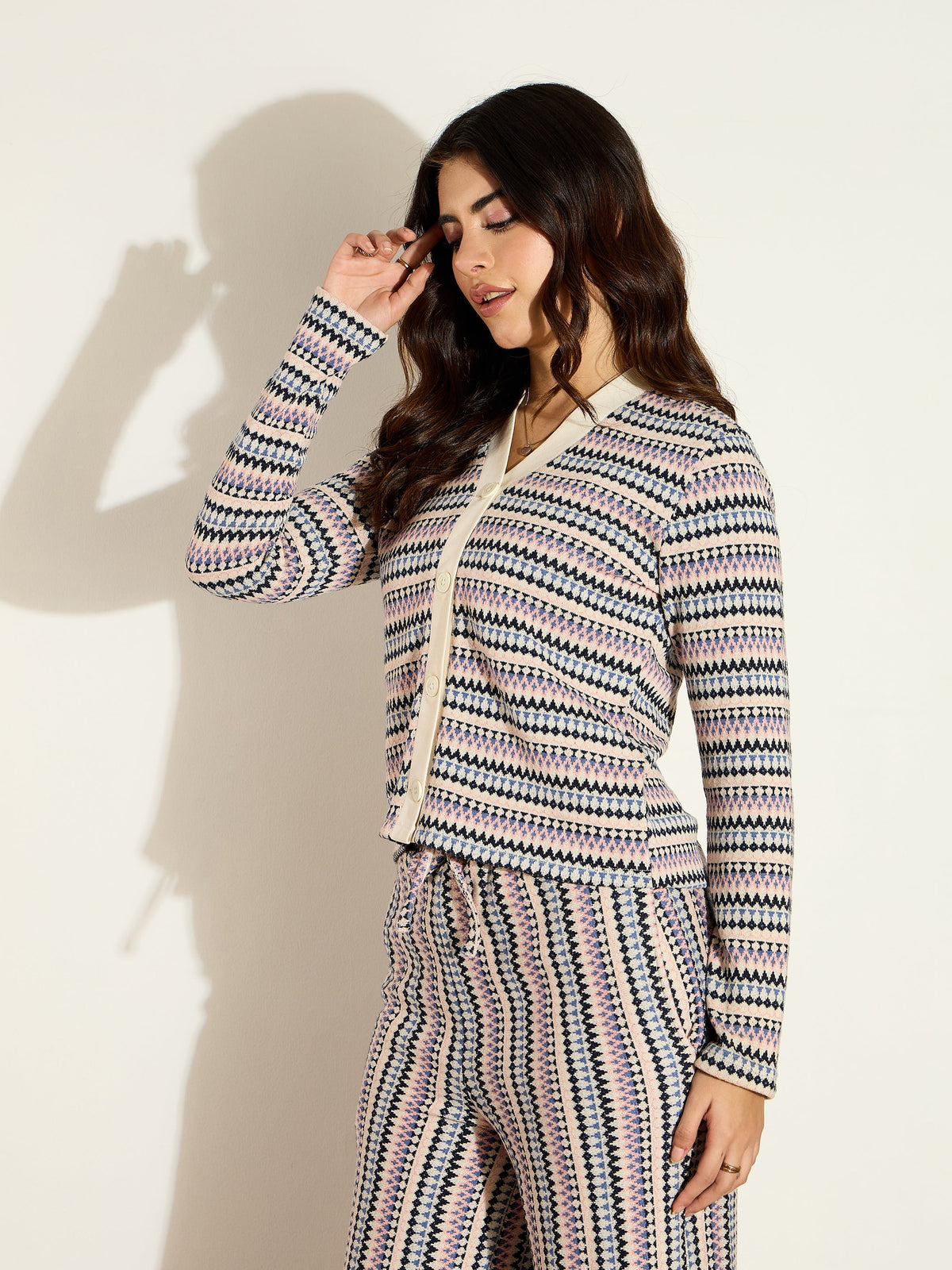 White Chevron Stripe Front Button Cardigan -SASSAFRAS