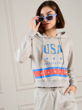 Grey Melange Terry USA Crop Hoodie-SASSAFRAS