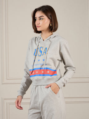 Grey Melange Terry USA Crop Hoodie-SASSAFRAS