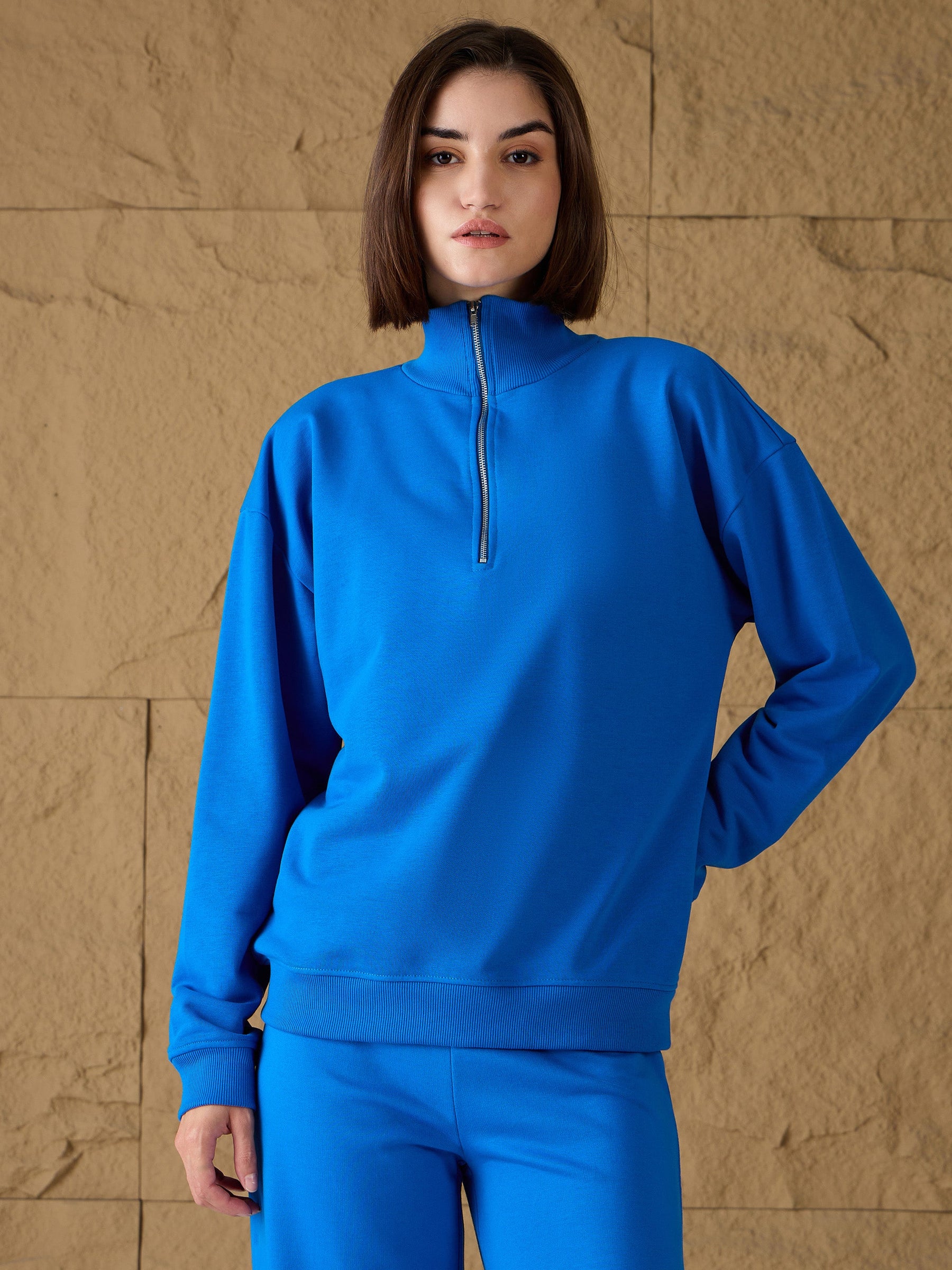 Royal Blue High-Neck Sweatshirt-SASSAFRAS