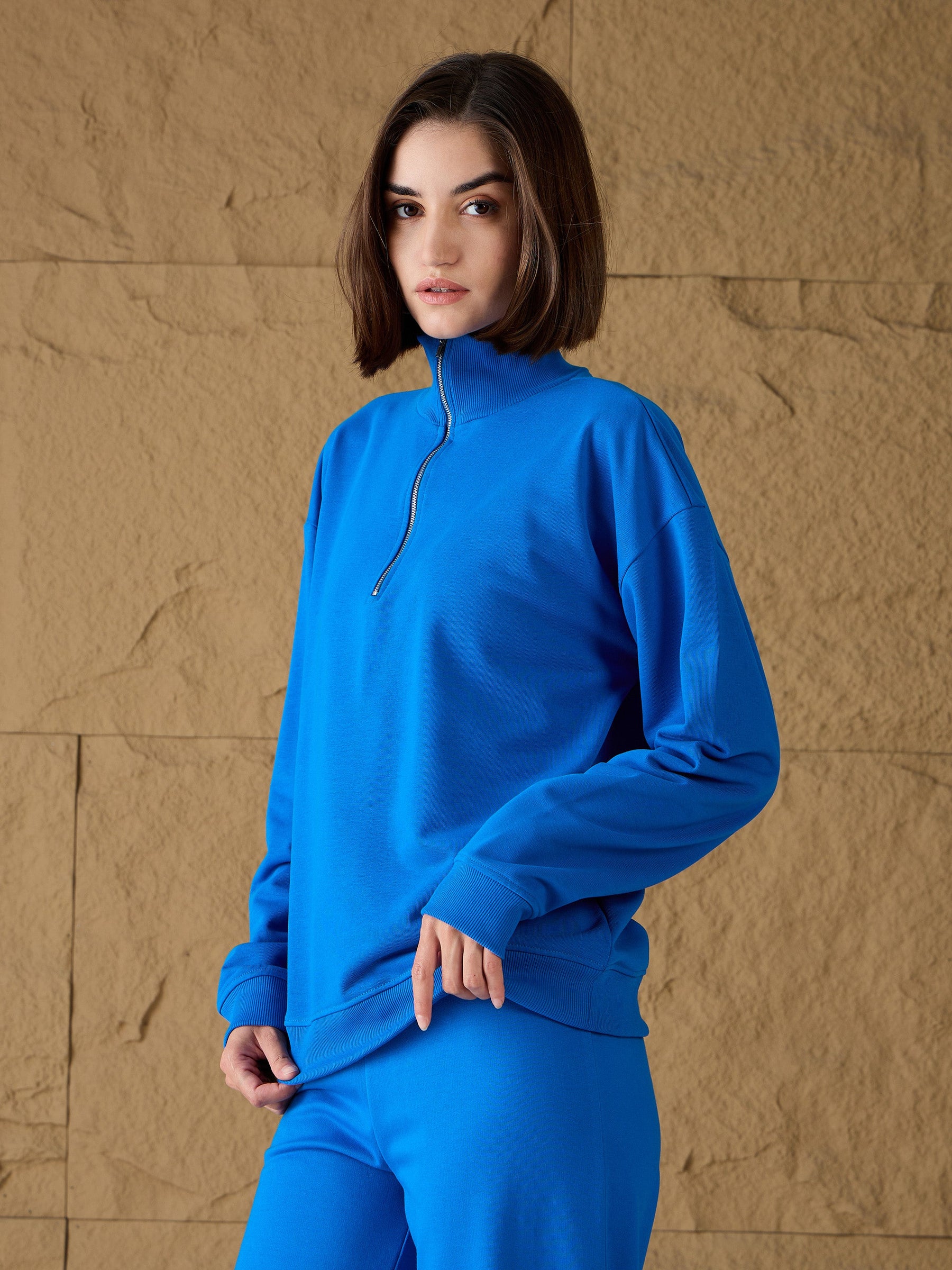 Royal Blue High-Neck Sweatshirt-SASSAFRAS