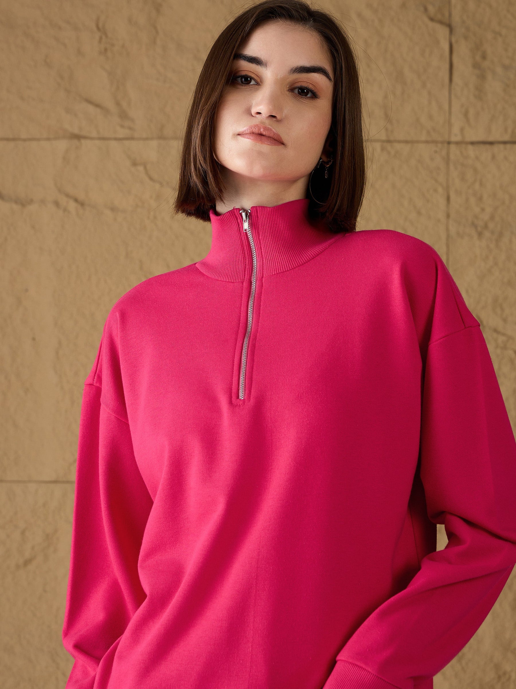 Fuchsia High-Neck Sweatshirt-SASSAFRAS