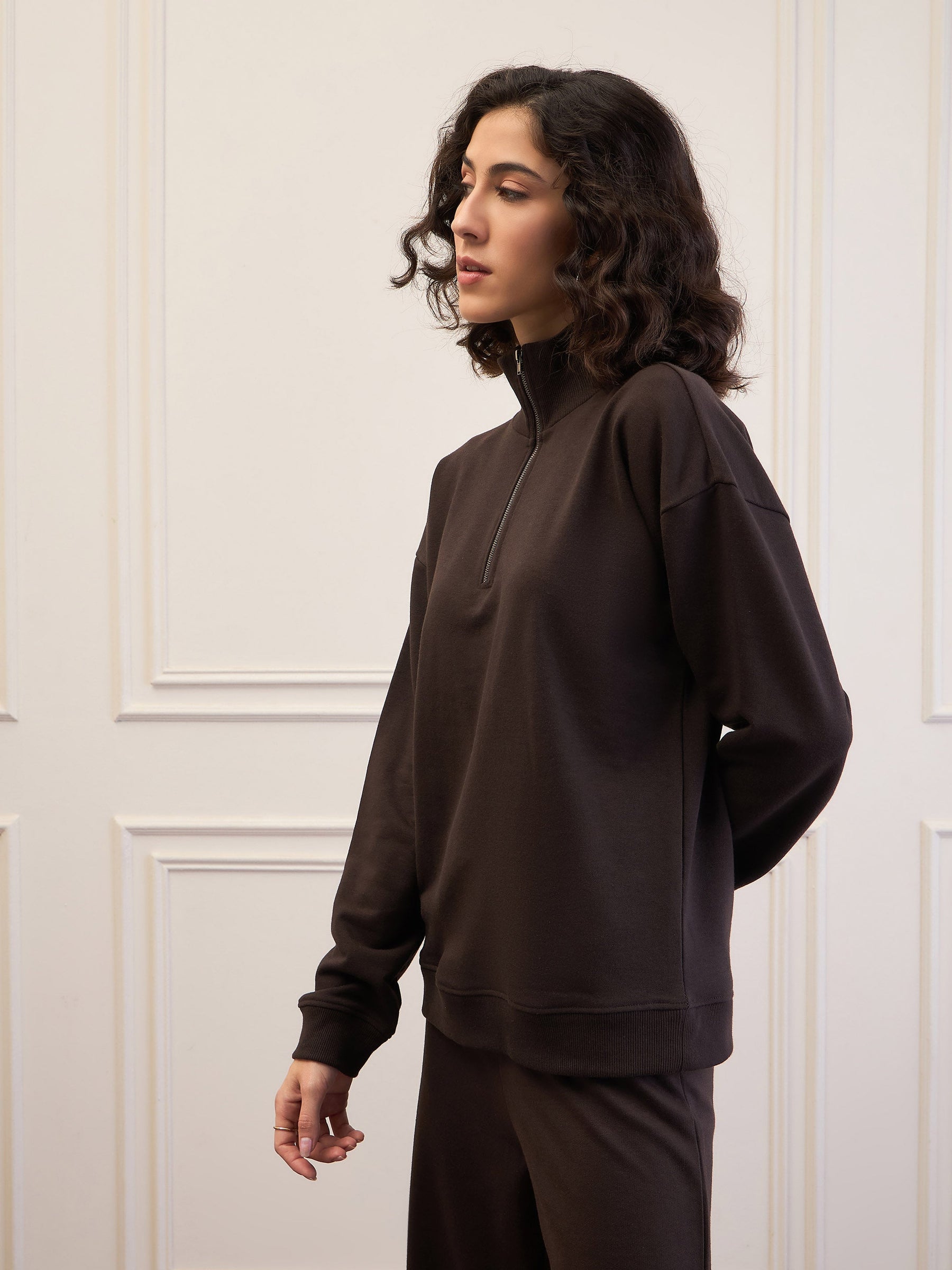 Dark Brown High-Neck Sweatshirt-SASSAFRAS