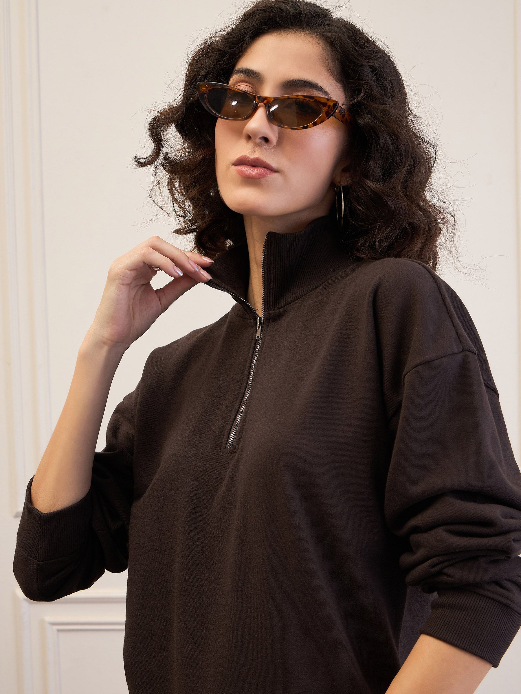 Dark Brown High-Neck Sweatshirt-SASSAFRAS