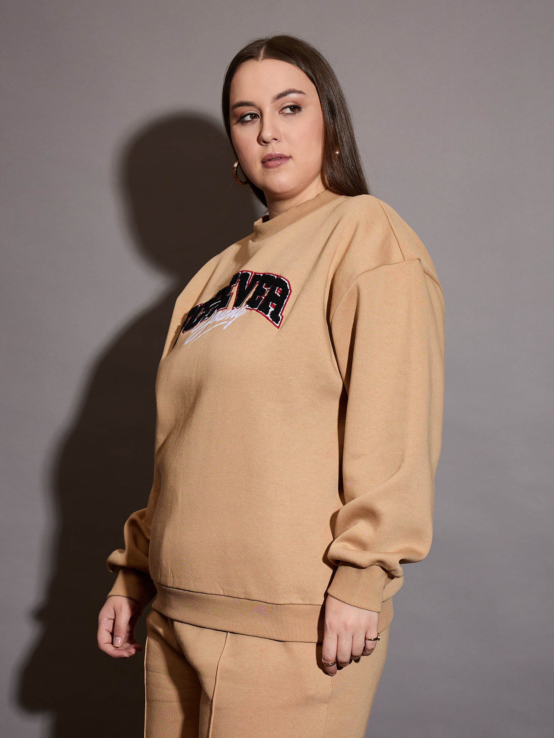 Beige Fleece FOREVER YOUNG Emb Sweatshirt-SASSAFRAS Curve