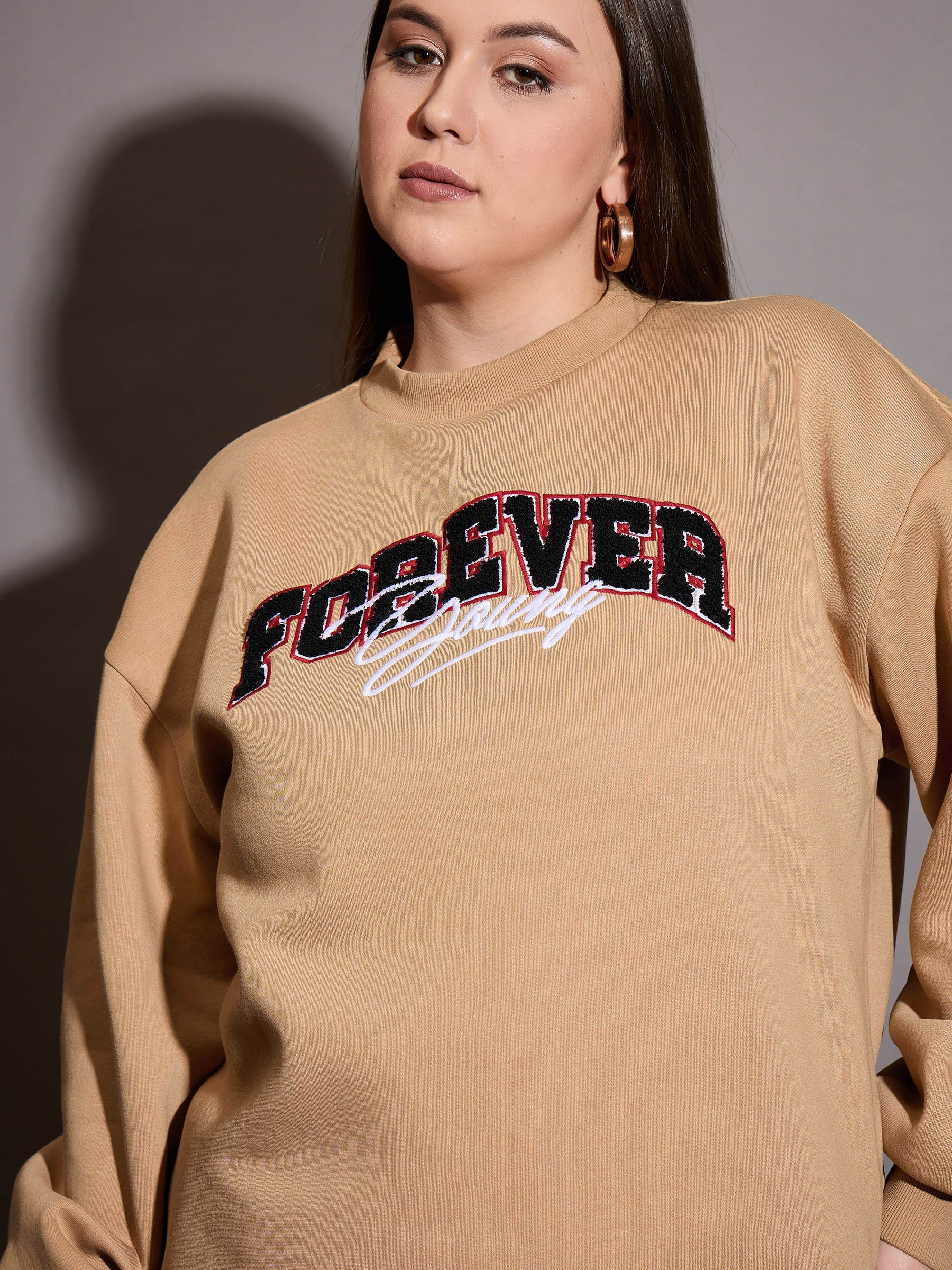 Beige Fleece FOREVER YOUNG Emb Sweatshirt-SASSAFRAS Curve