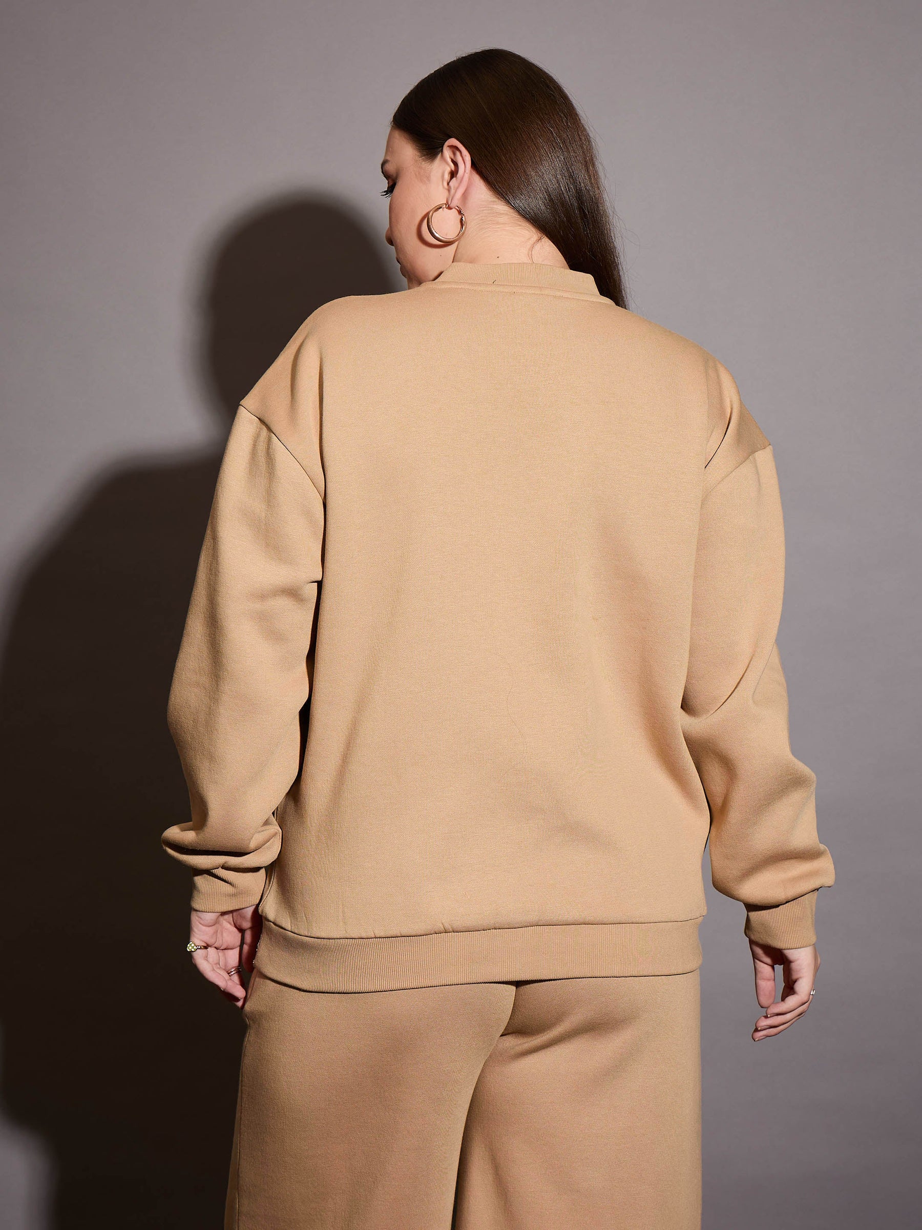 Beige Fleece FOREVER YOUNG Emb Sweatshirt-SASSAFRAS Curve