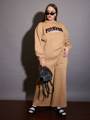 Beige Fleece FOREVER YOUNG Emb Sweatshirt With Sweatpants-SASSAFRAS Curve