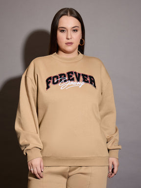 Beige Fleece FOREVER YOUNG Emb Sweatshirt With Sweatpants-SASSAFRAS Curve