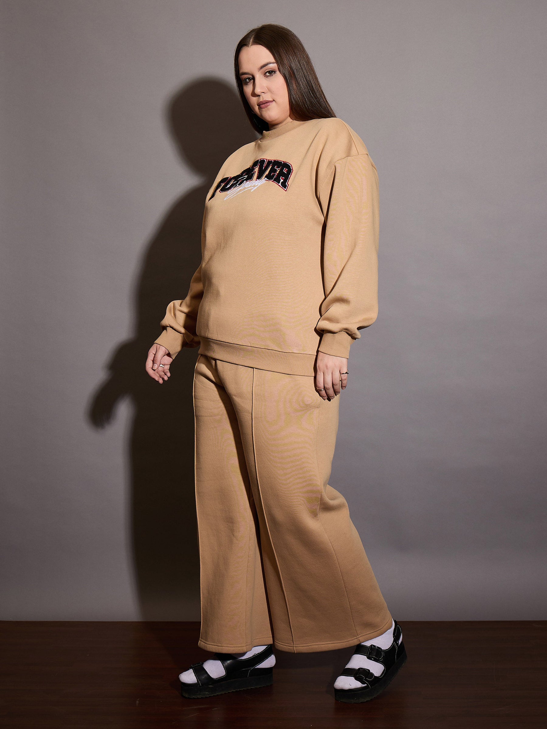 Beige Fleece FOREVER YOUNG Emb Sweatshirt With Sweatpants-SASSAFRAS Curve