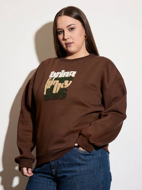 Brown Fleece FUNNKY VIBES Emb Sweatshirt-SASSAFRAS Curve