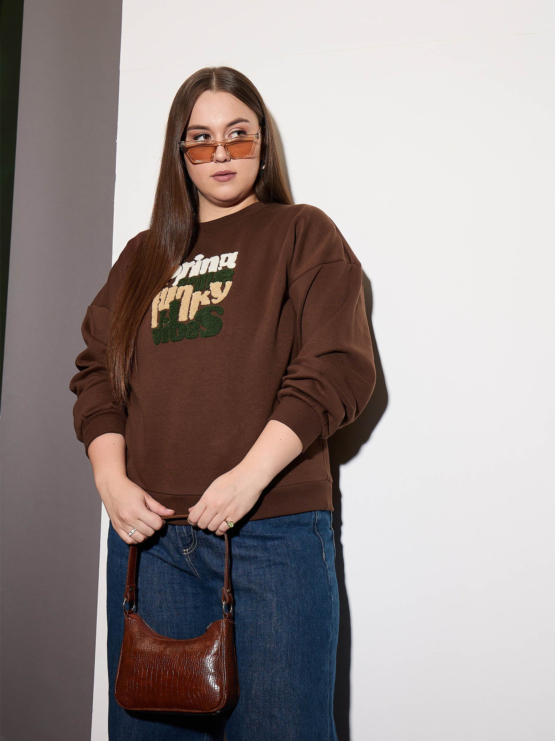 Brown Fleece FUNNKY VIBES Emb Sweatshirt-SASSAFRAS Curve