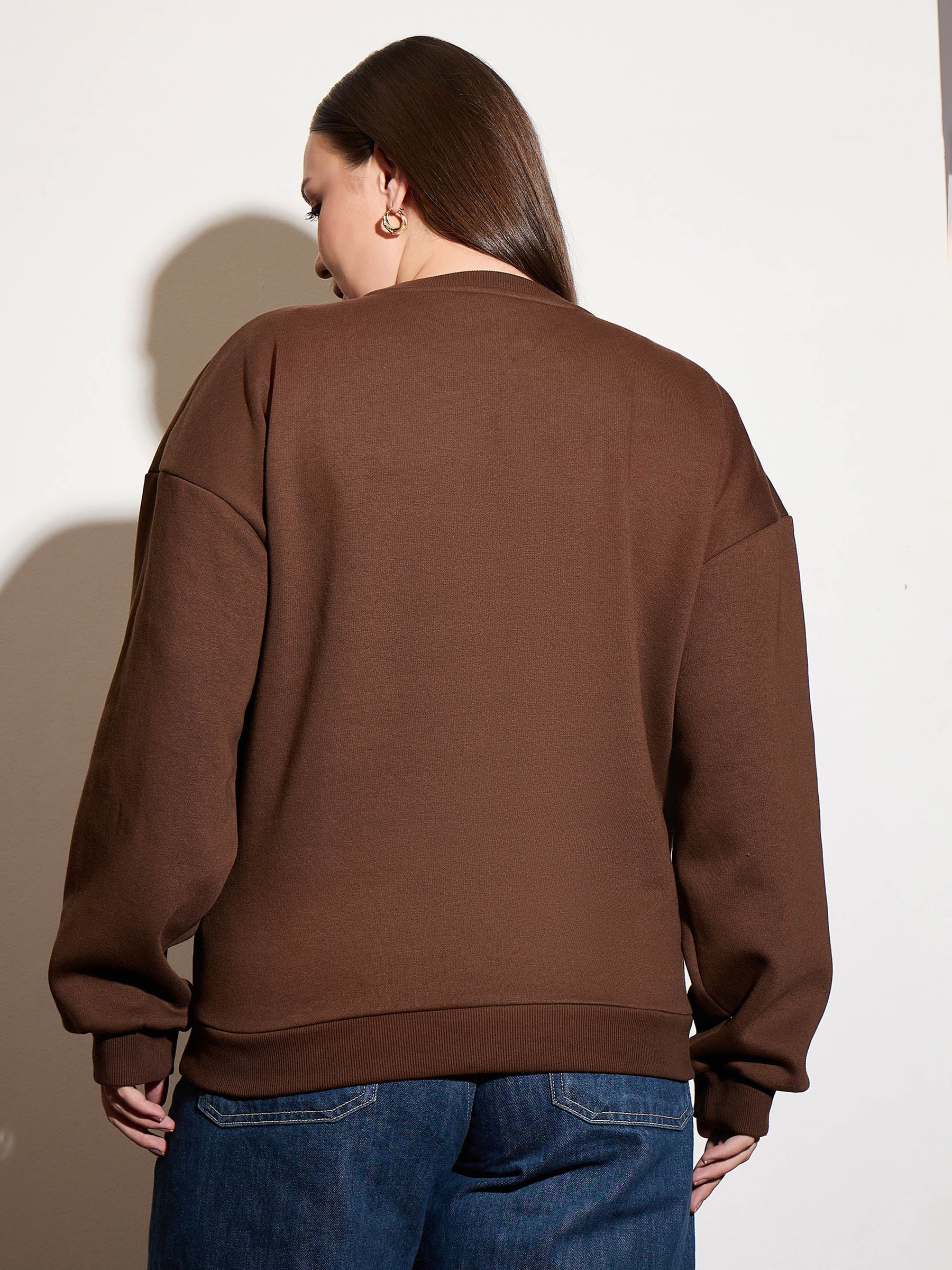 Brown Fleece FUNNKY VIBES Emb Sweatshirt-SASSAFRAS Curve