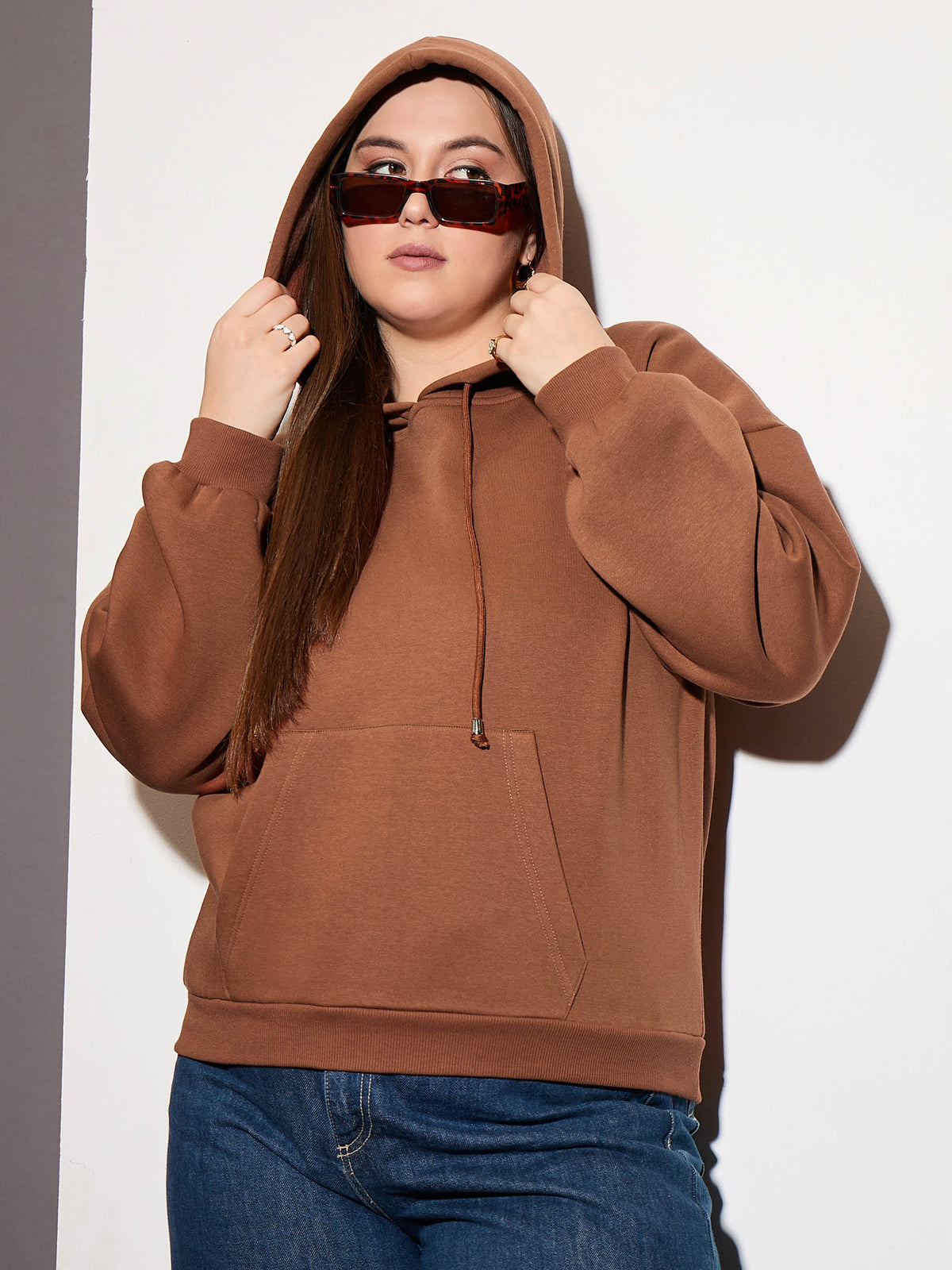 Brown Fleece Hoodie-SASSAFRAS Curve