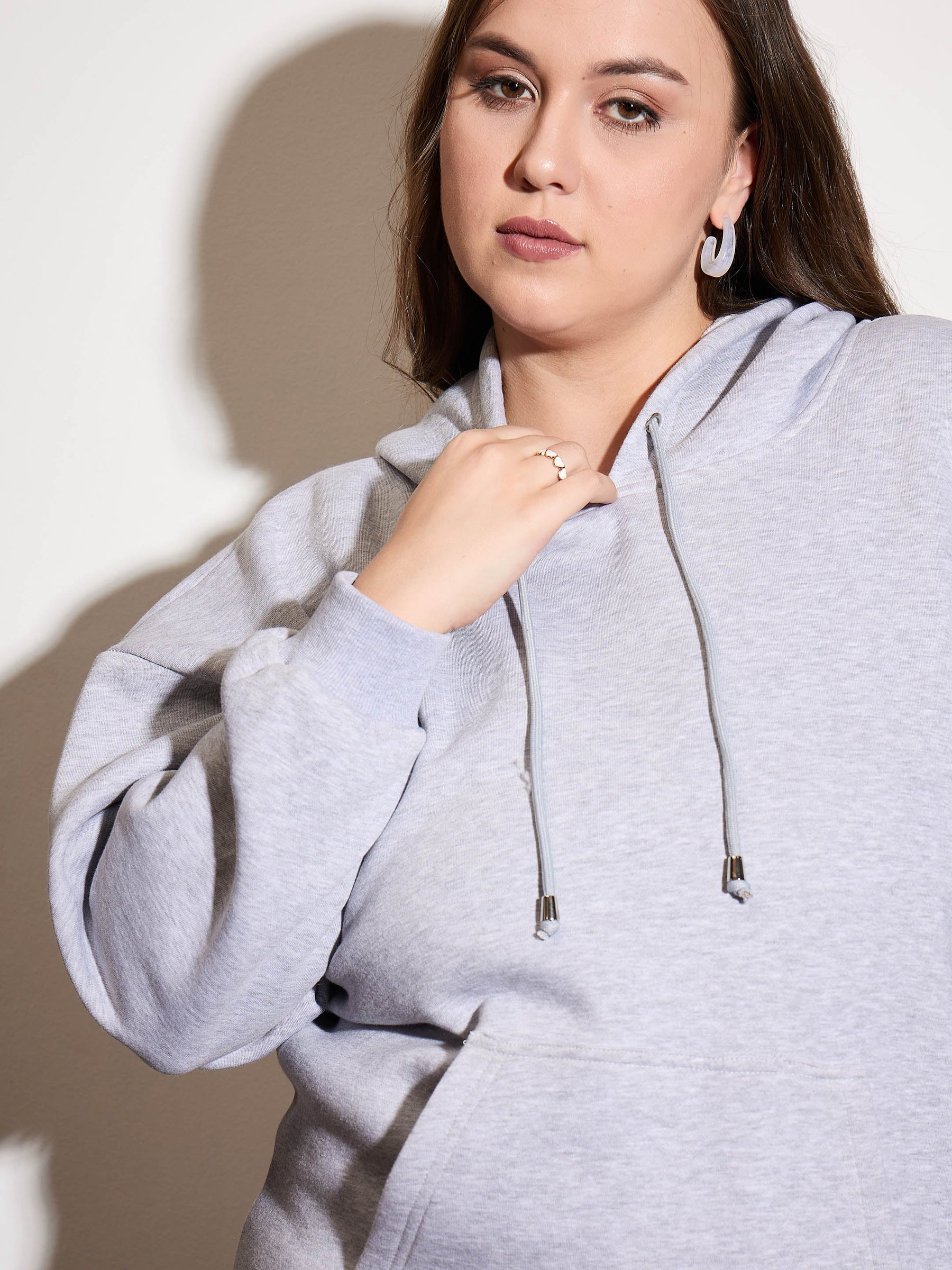 Grey Melange Fleece Hoodie-SASSAFRAS Curve