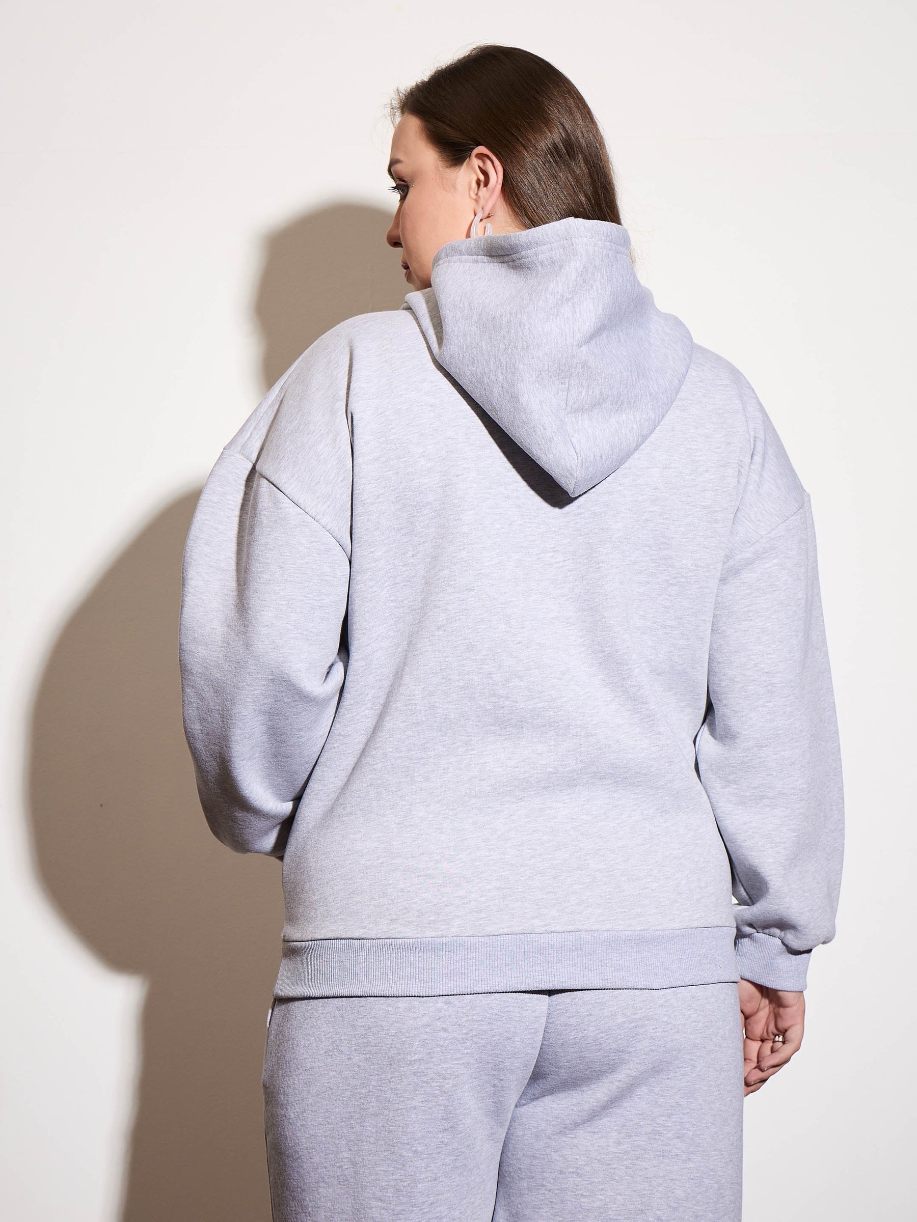 Grey Melange Fleece Hoodie-SASSAFRAS Curve