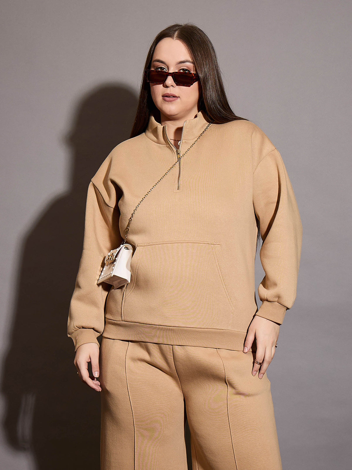 Beige Fleece Half Zipper Sweatshirt-SASSAFRAS Curve