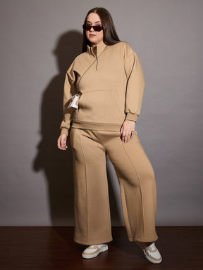 Beige Fleece Half Zipper Sweatshirt with Track Pants-SASSAFRAS Curve