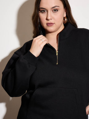 Black Fleece Half Zipper Sweatshirt-SASSAFRAS Curve