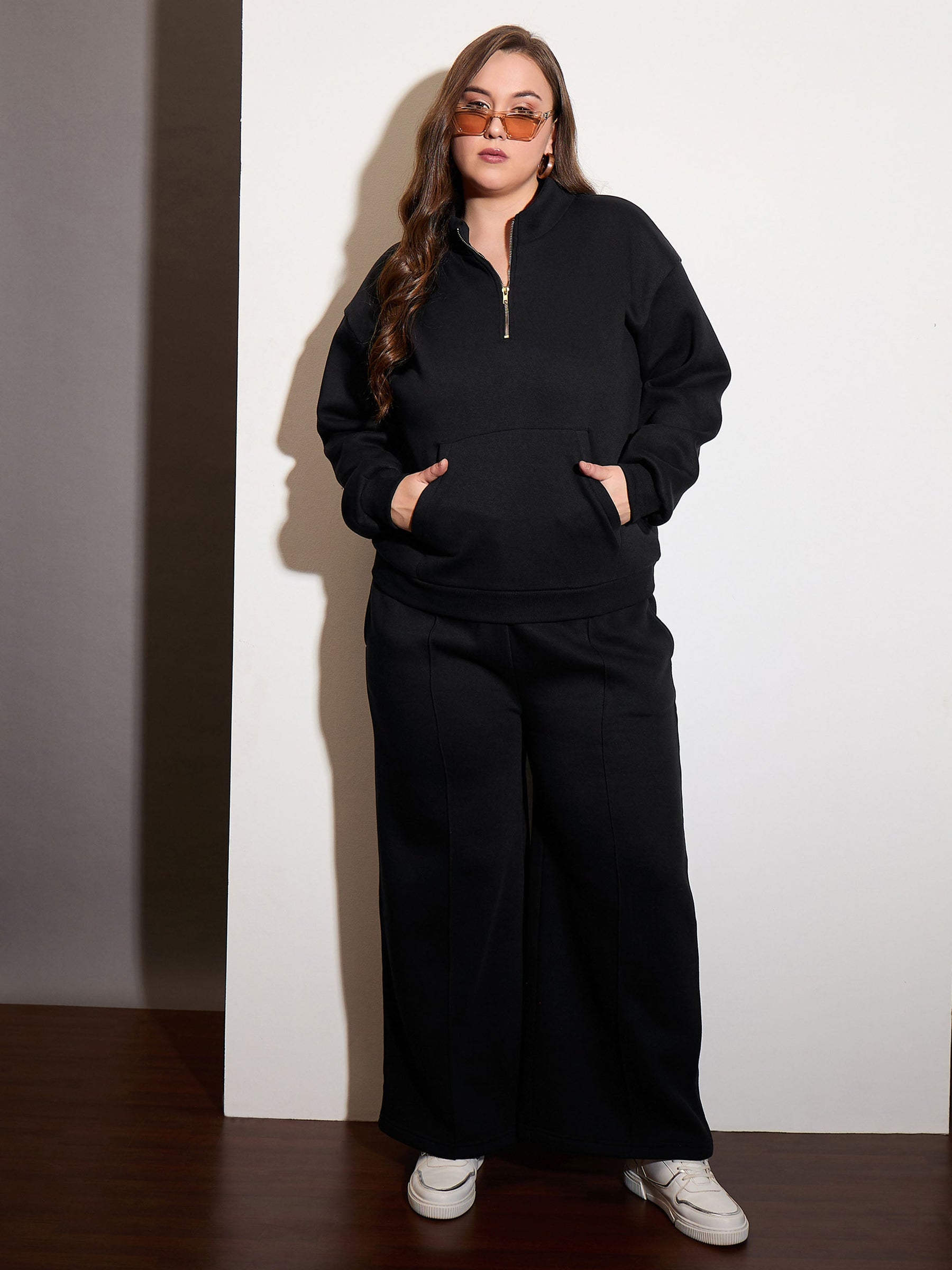 Women Black Fleece Half Zipper Sweatshirt with Track Pants