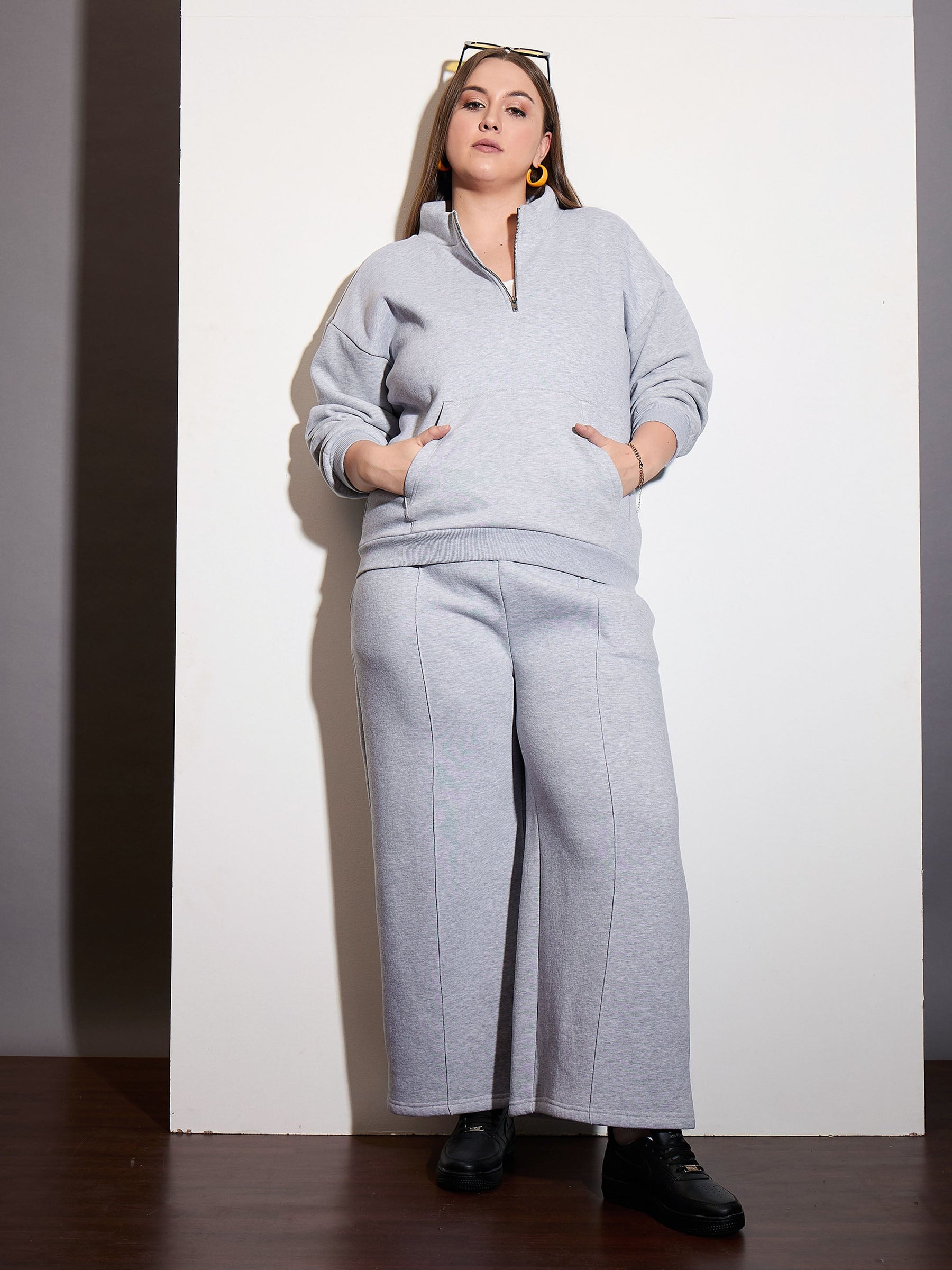 Grey Melange Half Zipper Sweatshirt with Track Pants-SASSAFRAS Curve