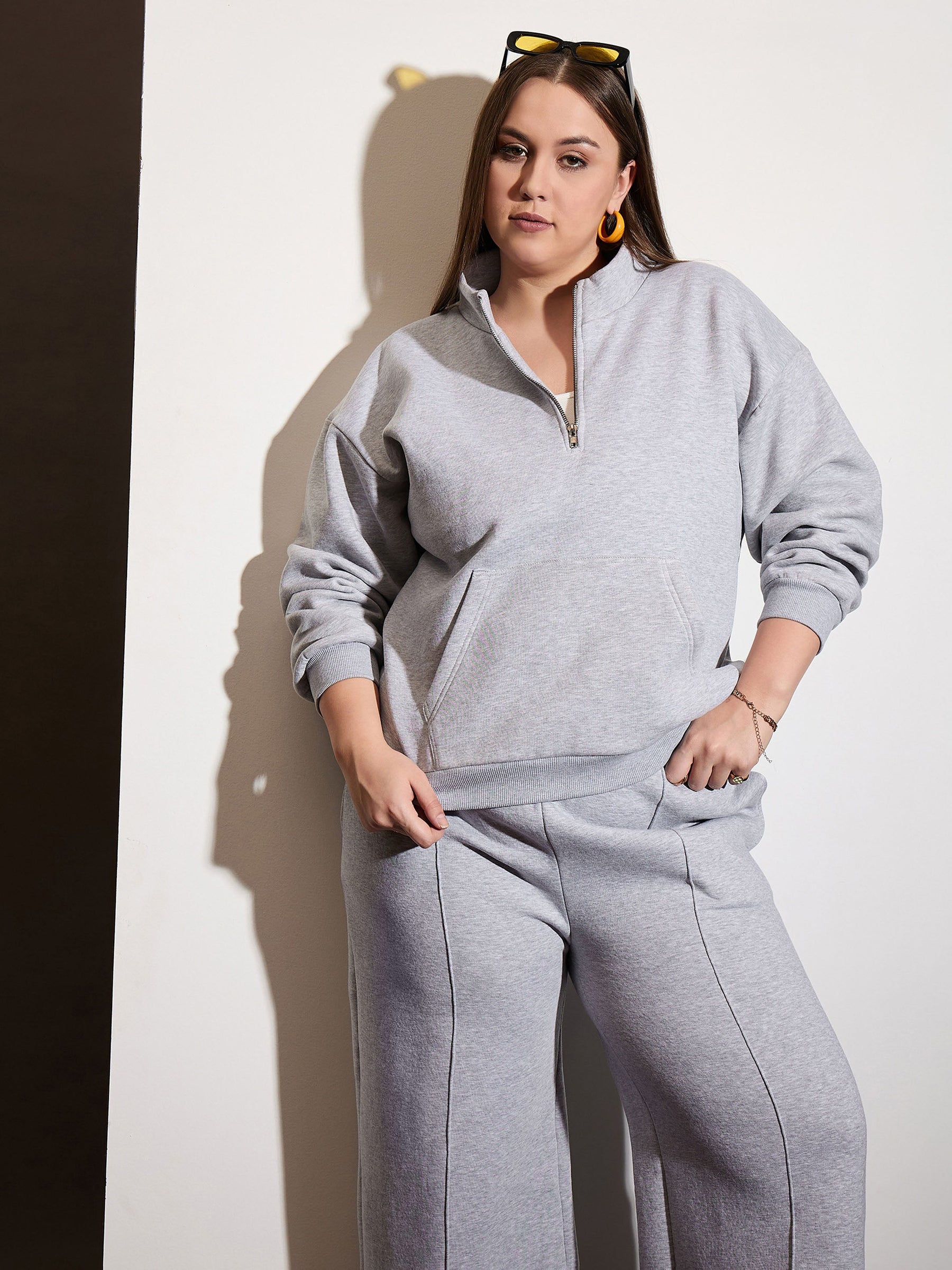 Grey Melange Half Zipper Sweatshirt with Track Pants-SASSAFRAS Curve