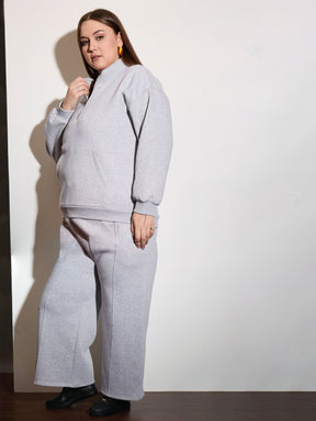 Grey Melange Half Zipper Sweatshirt with Track Pants-SASSAFRAS Curve