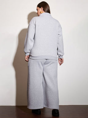 Grey Melange Half Zipper Sweatshirt with Track Pants-SASSAFRAS Curve