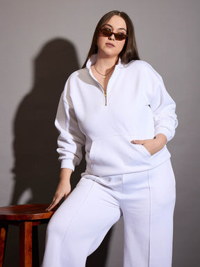 White Fleece Half Zipper Sweatshirt-SASSAFRAS Curve