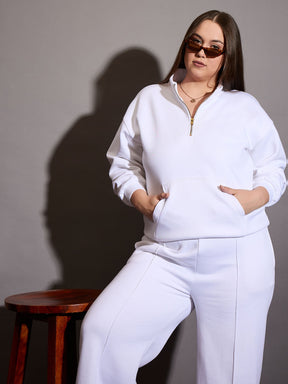 White Fleece Half Zipper Sweatshirt with Track Pants-SASSAFRAS Curve