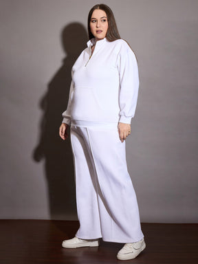 White Fleece Half Zipper Sweatshirt with Track Pants-SASSAFRAS Curve