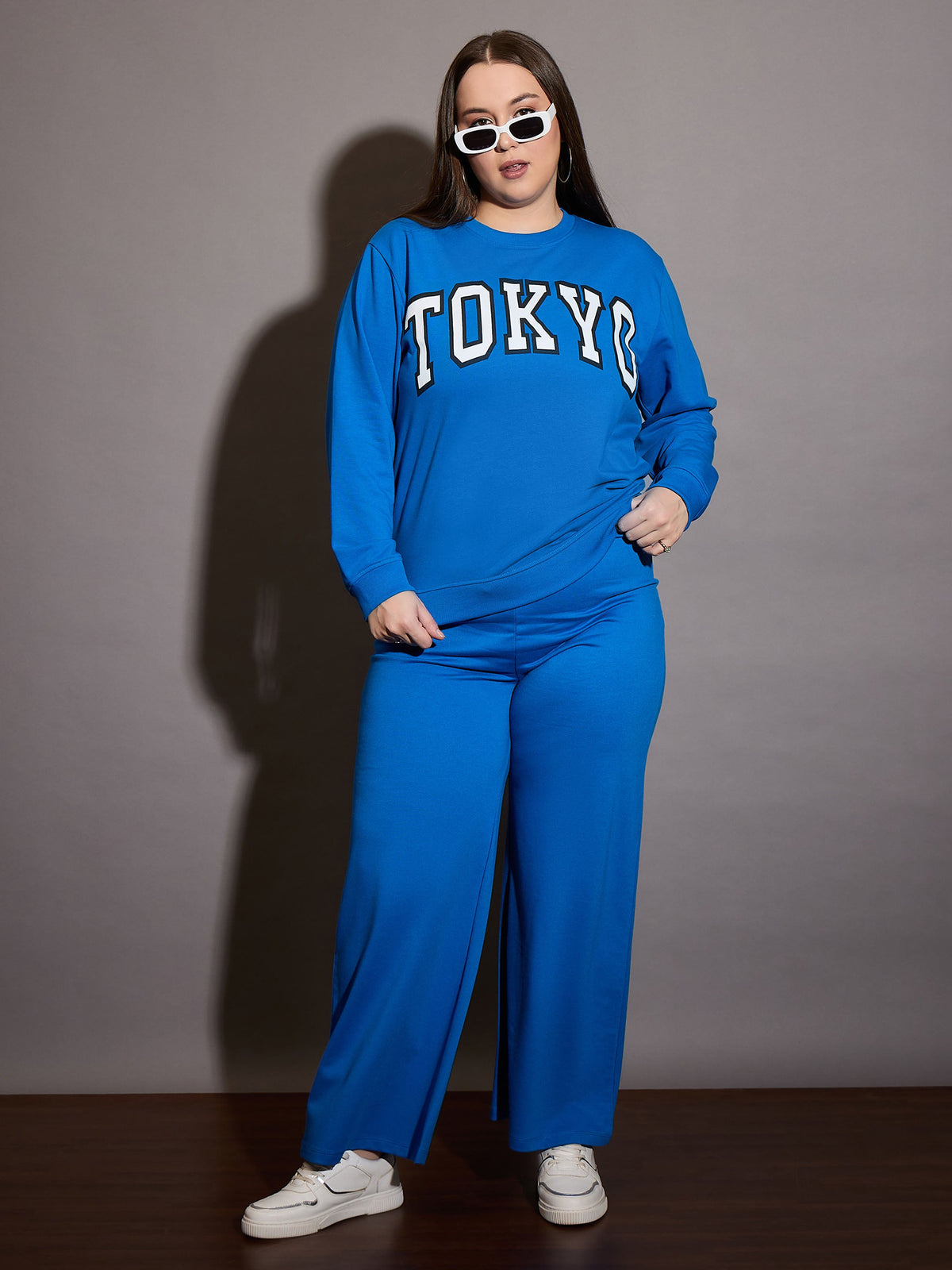 Royal Blue Terry TOKYO Printed Sweatshirt with Track Pants-SASSAFRAS Curve