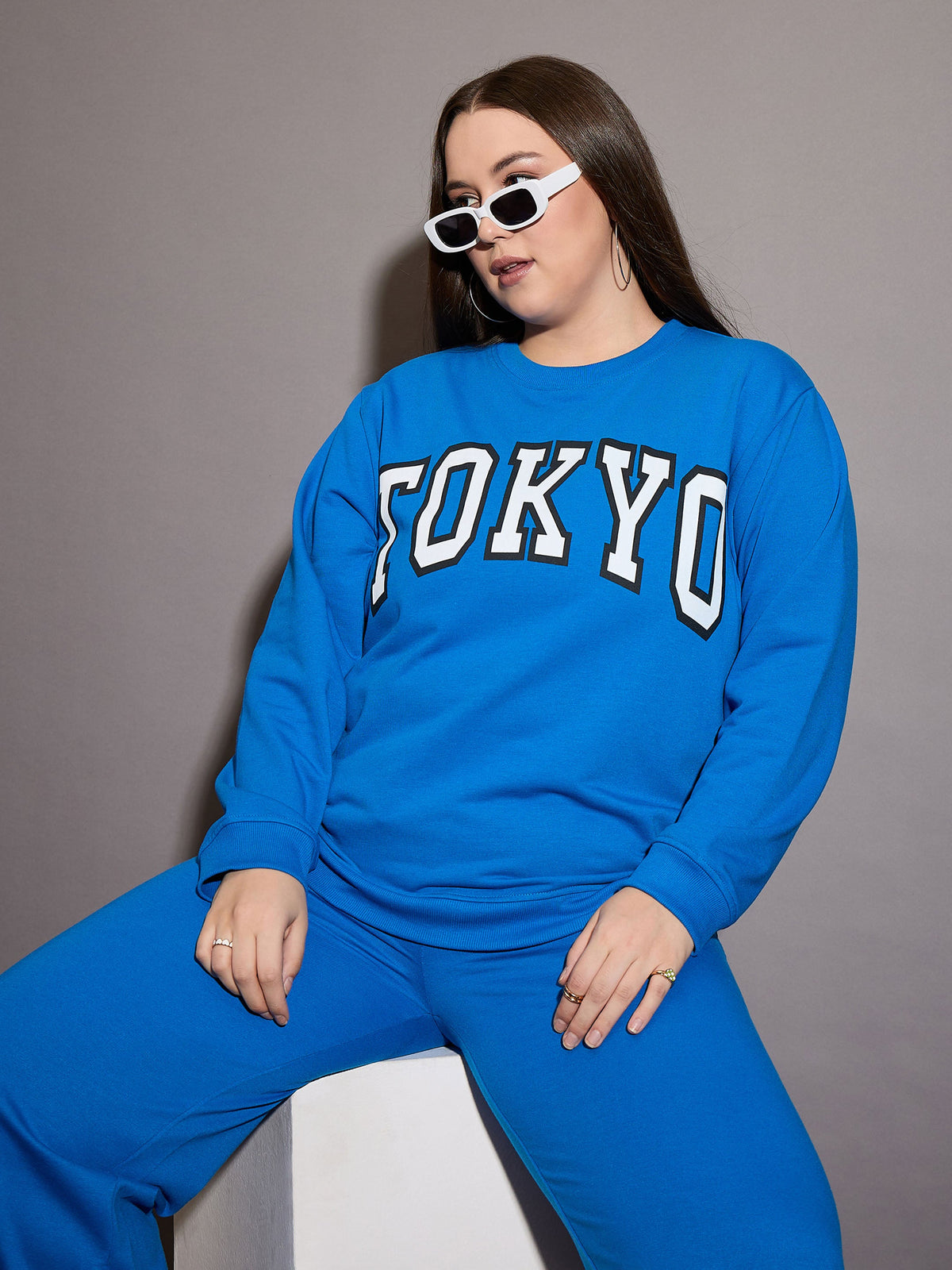 Royal Blue Terry TOKYO Printed Sweatshirt with Track Pants-SASSAFRAS Curve