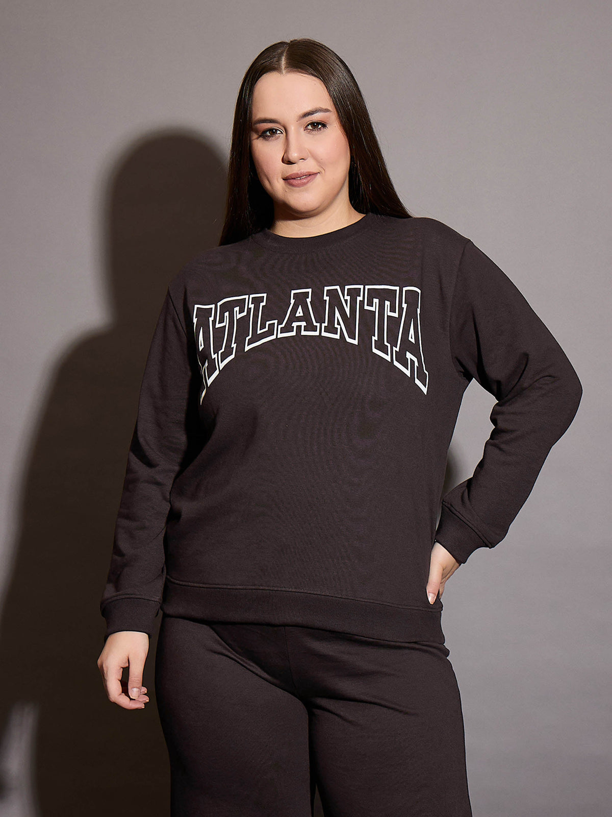 Coffee Brown Terry ATLANTA Printed Sweatshirt-SASSAFRAS Curve