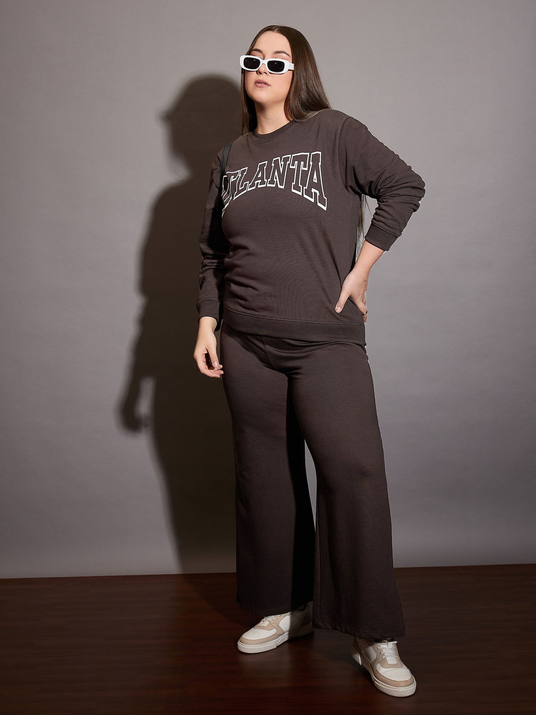 Coffee Brown Terry ATLANTA Printed Sweatshirt with Track Pants-SASSAFRAS Curve