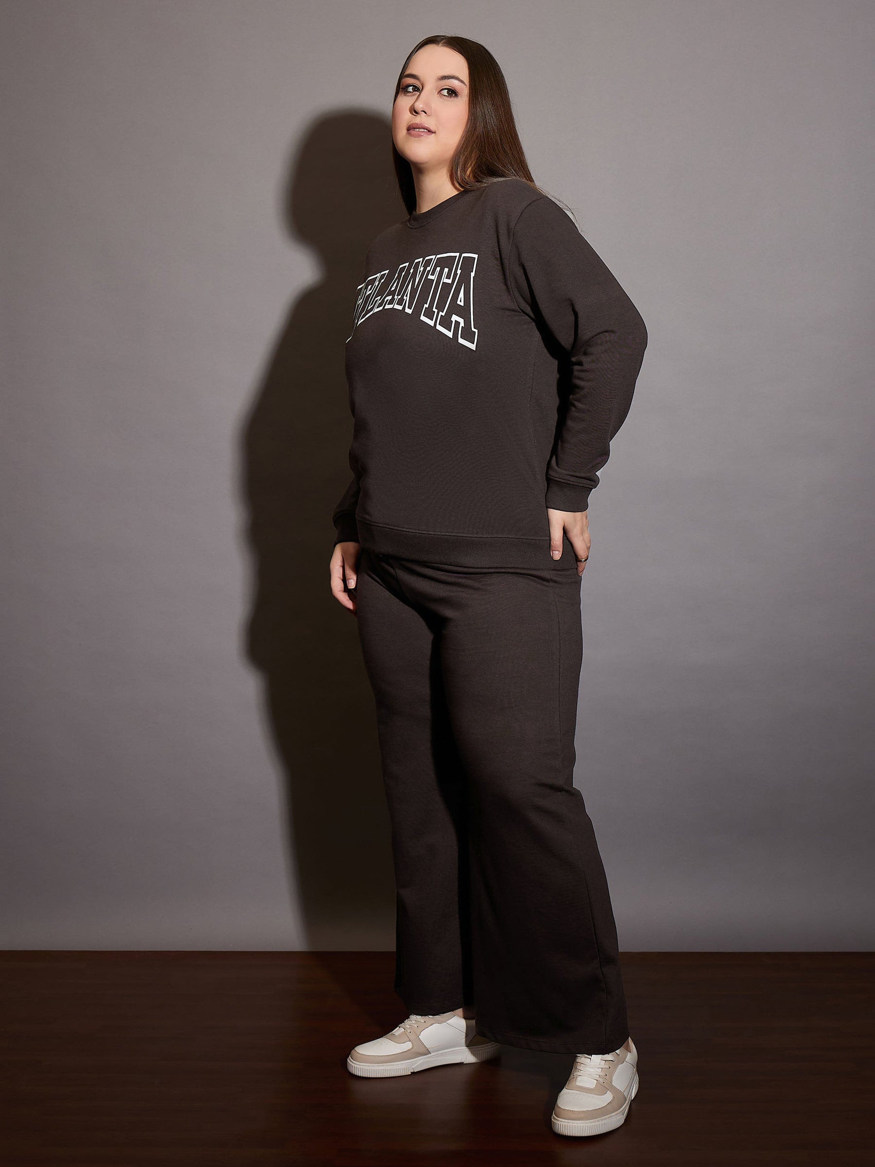 Coffee Brown Terry ATLANTA Printed Sweatshirt with Track Pants-SASSAFRAS Curve