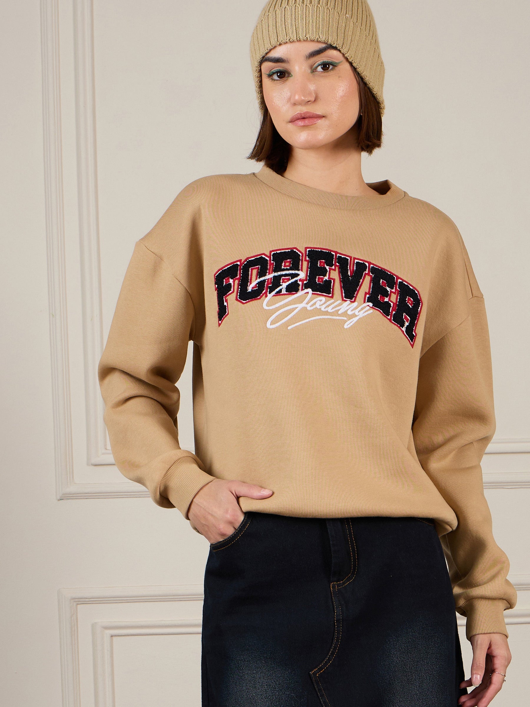 Beige Premium Fleece Sweatshirt-SASSAFRAS