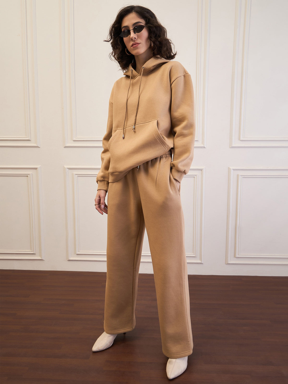 Beige Fleece Oversized Hoodie With Sweatpants-SASSAFRAS