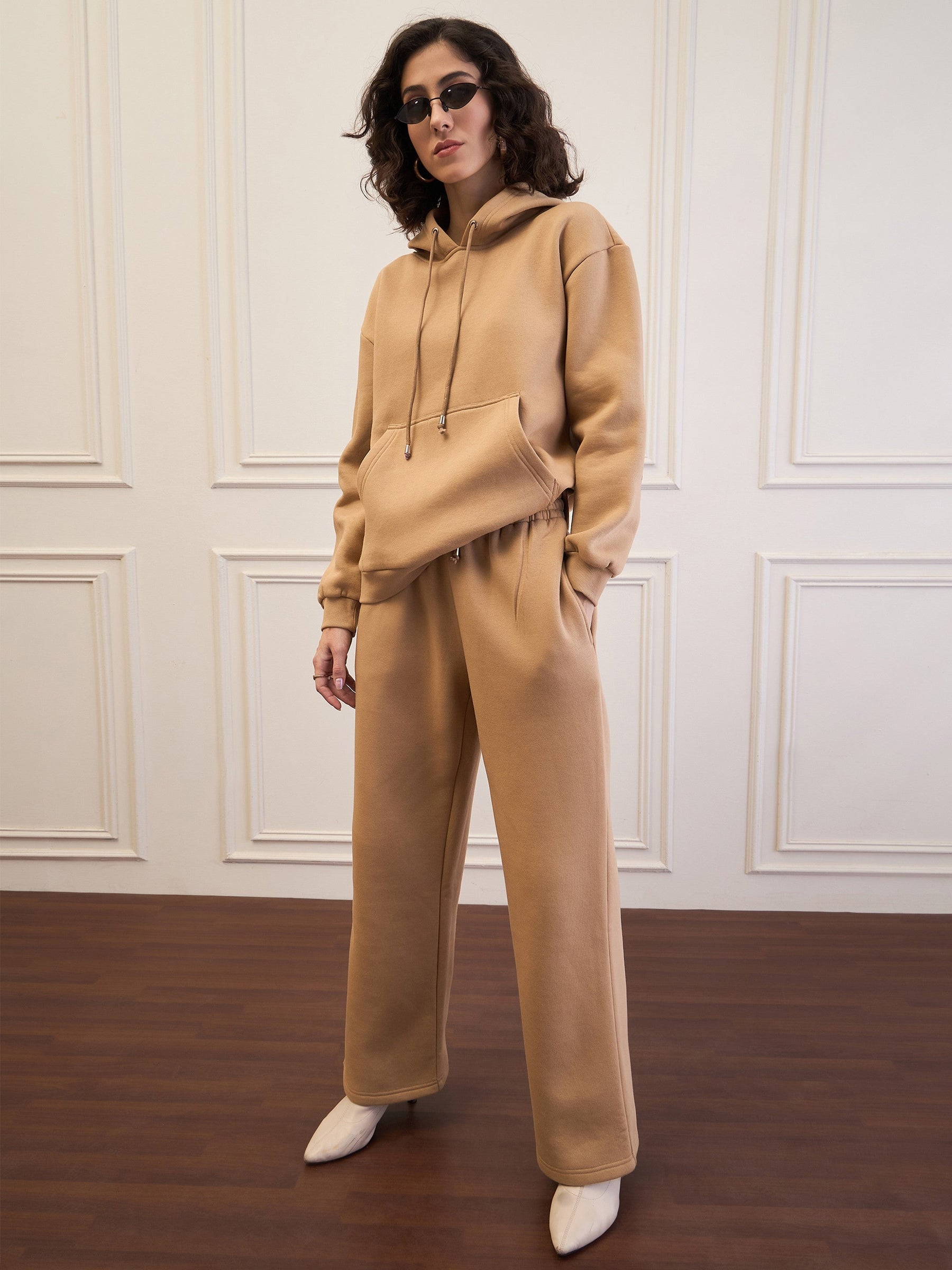 Beige Fleece Oversized Hoodie With Sweatpants-SASSAFRAS