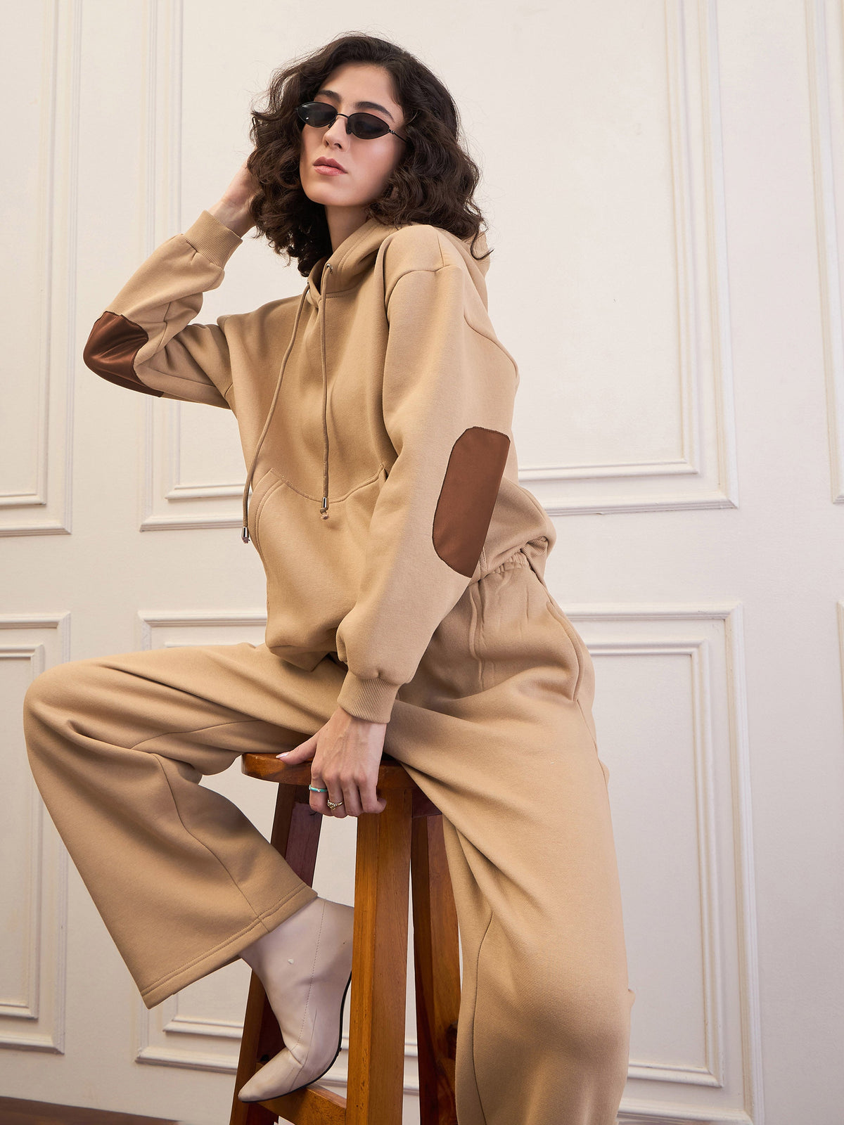 Beige Fleece Oversized Hoodie With Sweatpants-SASSAFRAS