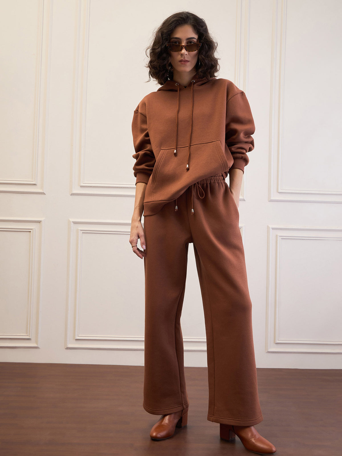 Brown Fleece Oversized Hoodie With Sweatpants-SASSAFRAS