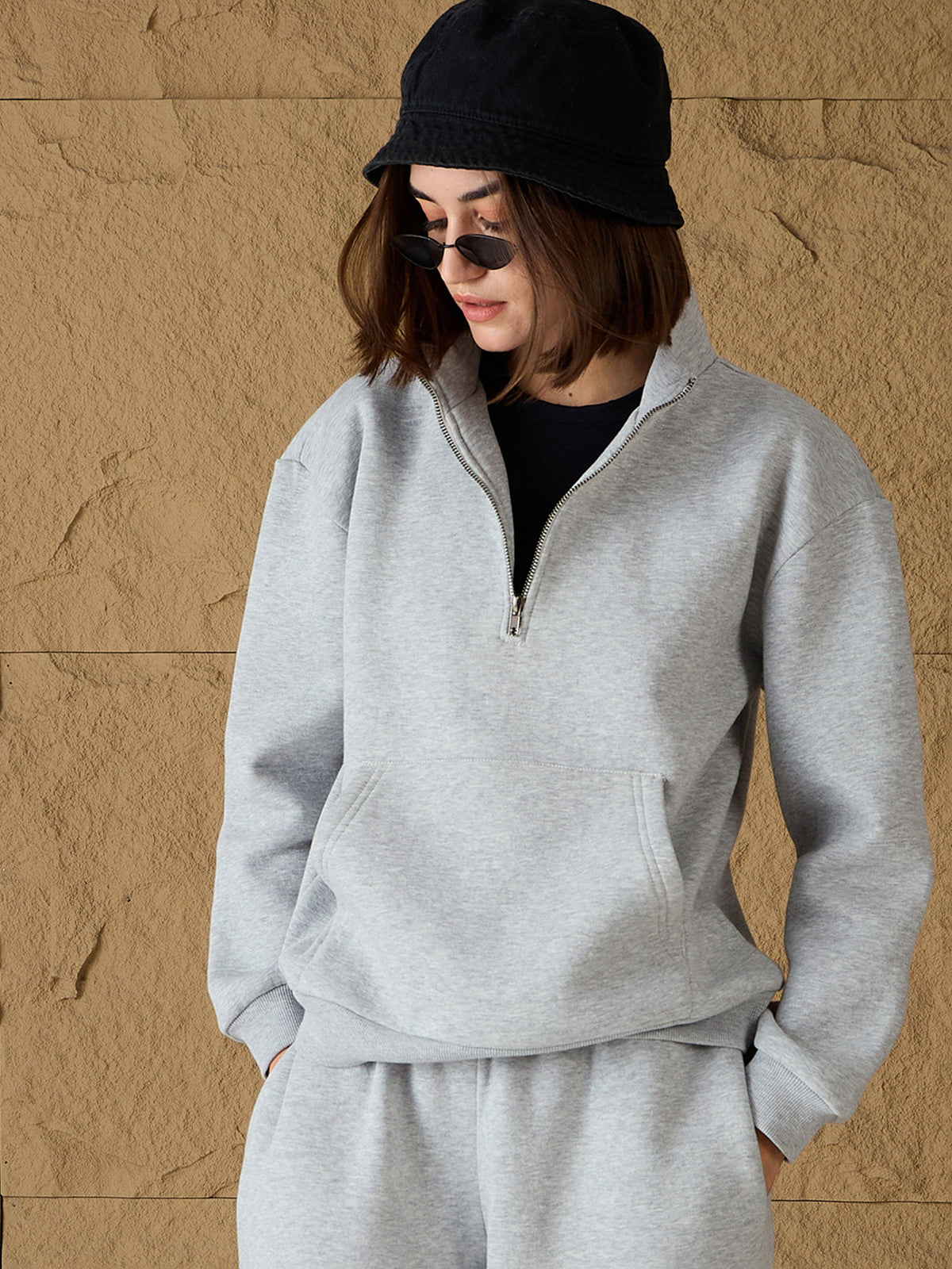 Grey Melange Fleece Front Zipper Sweatshirt-SASSAFRAS