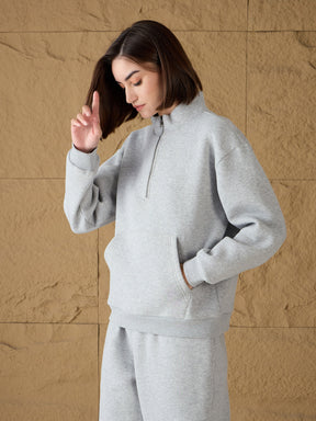 Grey Melange Fleece Front Zipper Sweatshirt-SASSAFRAS