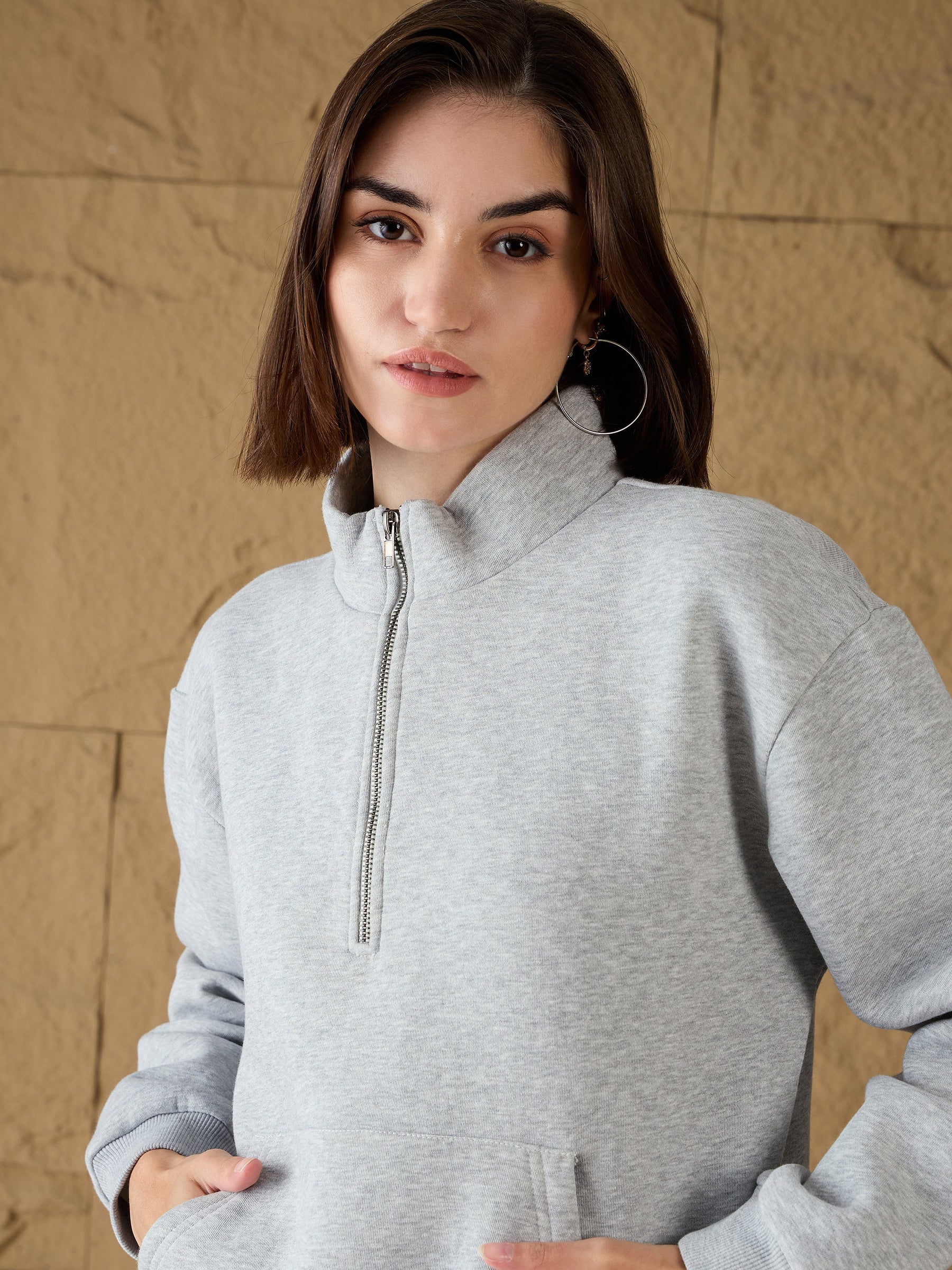 Grey Melange Fleece Front Zipper Sweatshirt-SASSAFRAS