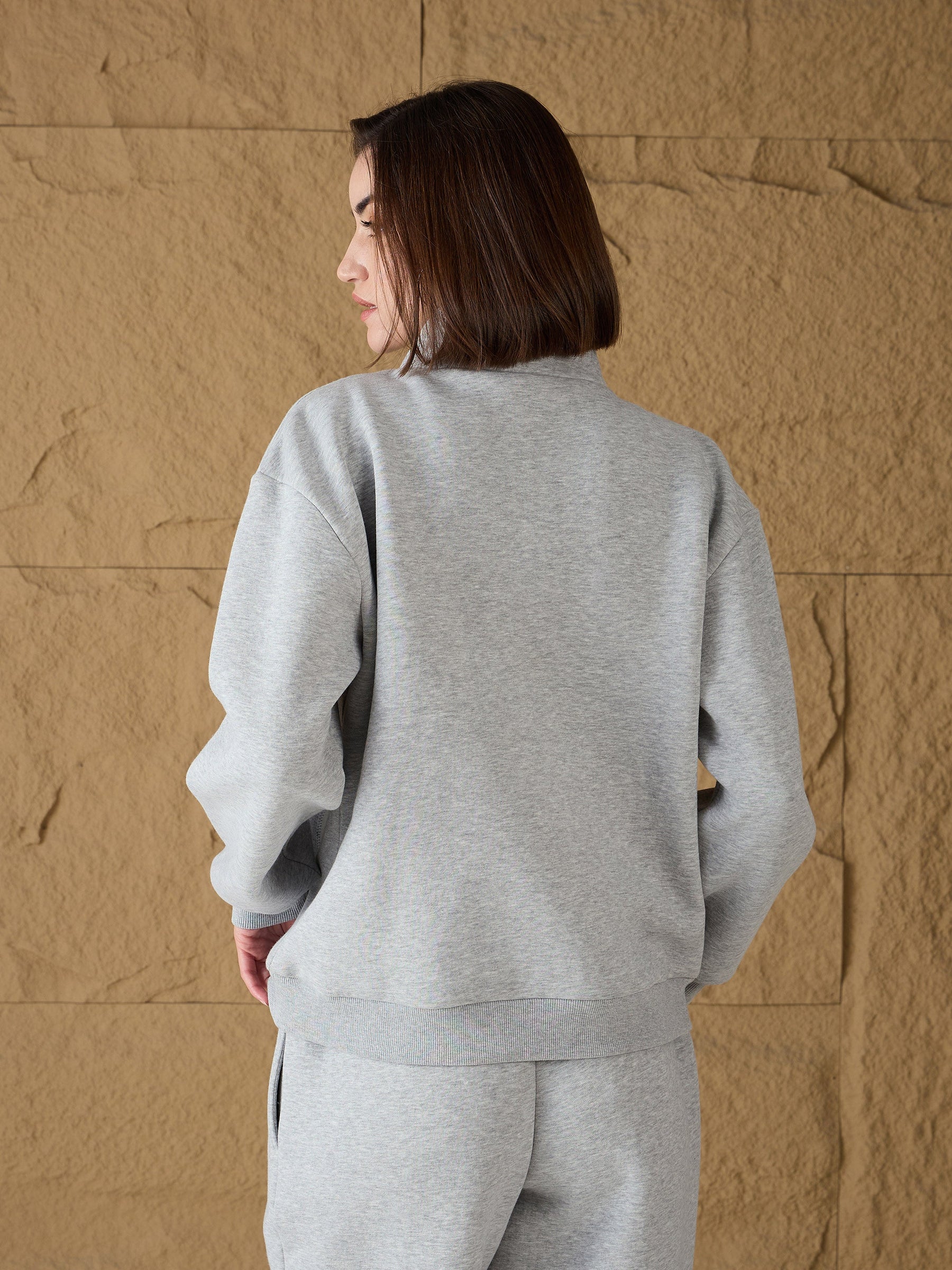 Grey Melange Fleece Front Zipper Sweatshirt-SASSAFRAS