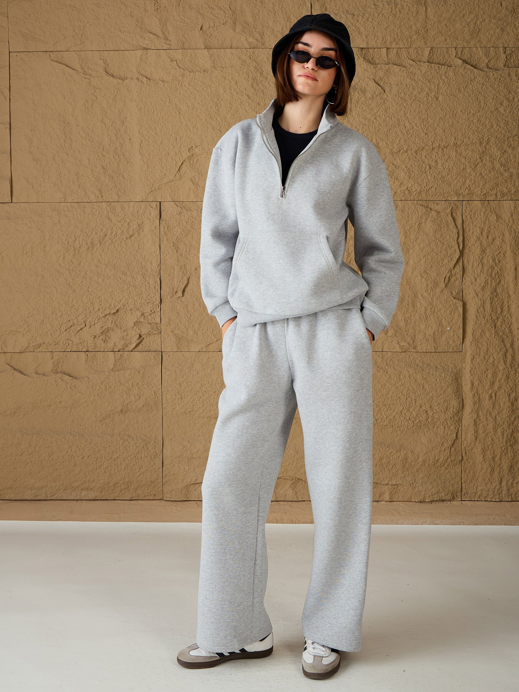 Grey Melange Fleece Sweatshirt With Sweatpants-SASSAFRAS